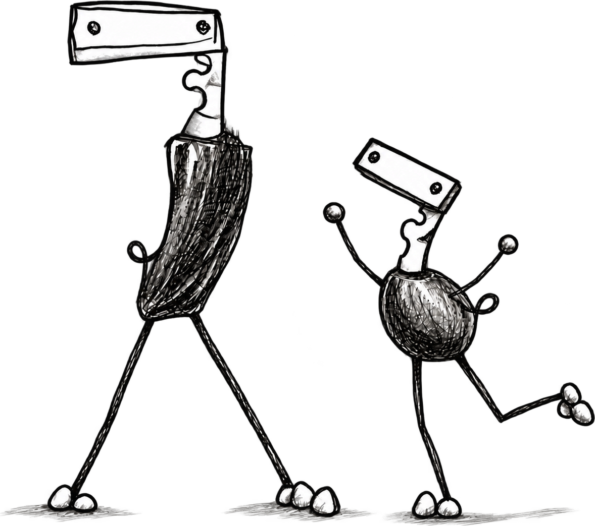 A hand-drawn illustration of two robot figures walking