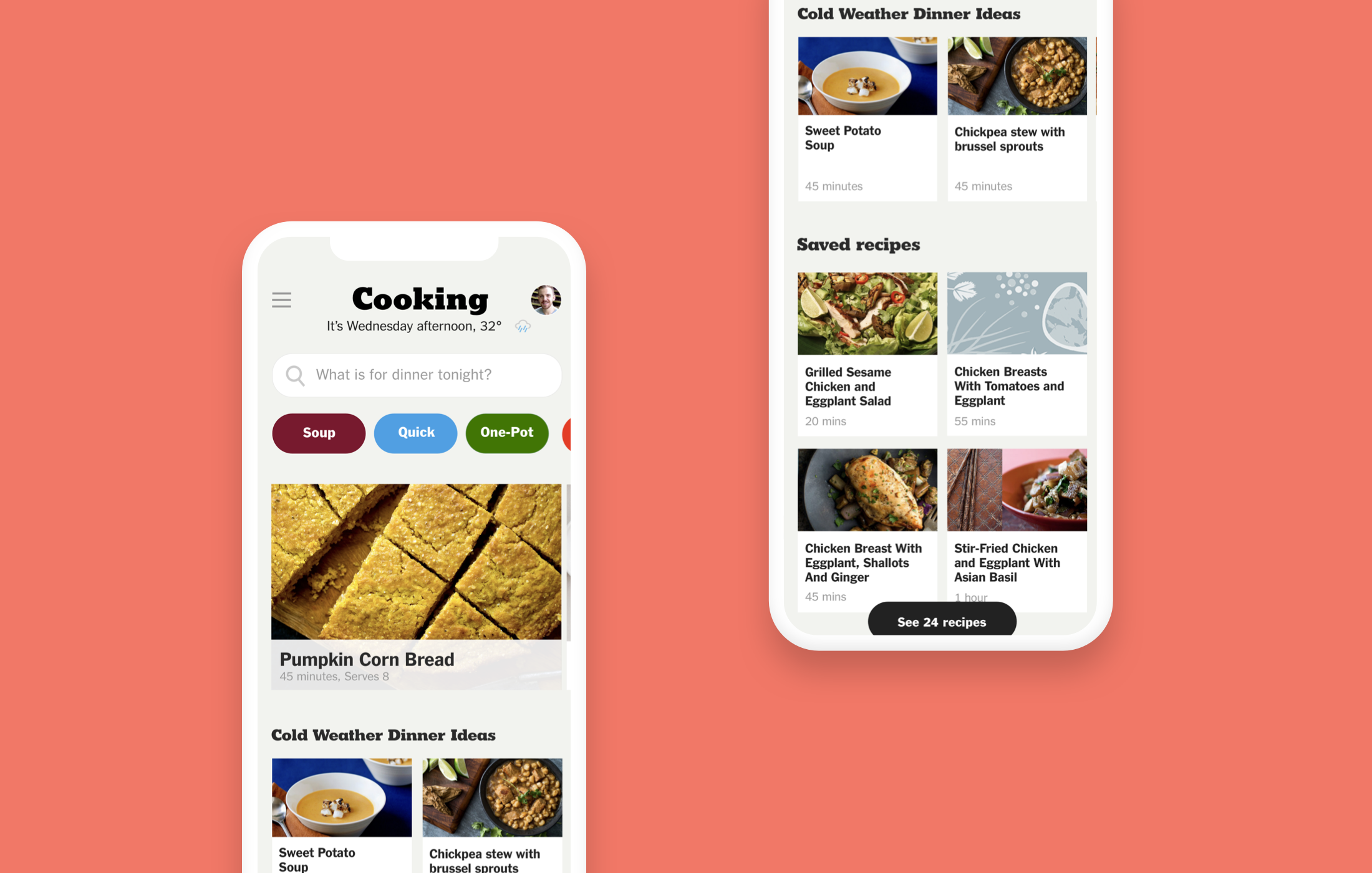 Mobile app homepage and saved recipes